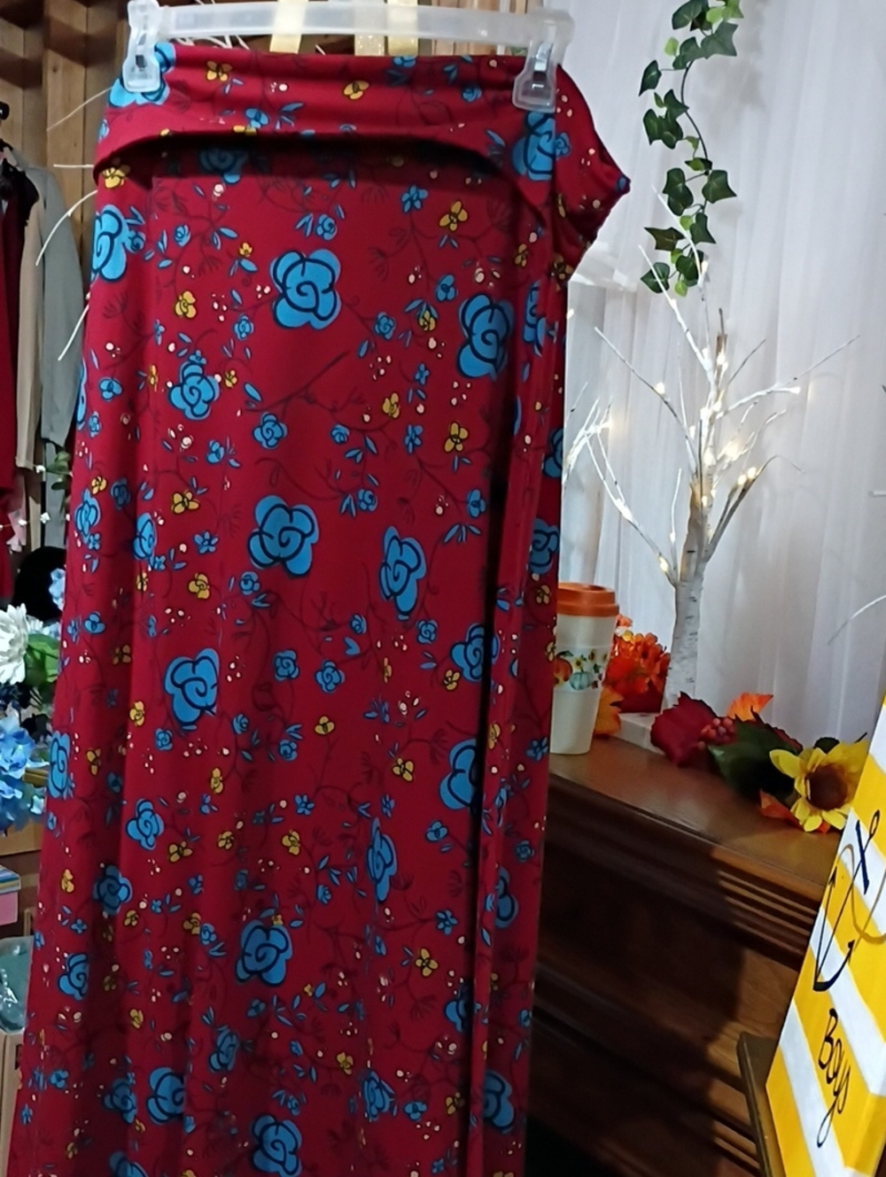 LuLaRoe Red Maxi Skirt with Blue Floral Print - New